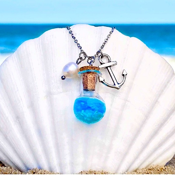 🎁 1 LEFT🏝 NEW SILVER ANCHOR PEARL DRIFT BOTTLE NECKLACE - Picture 2 of 3